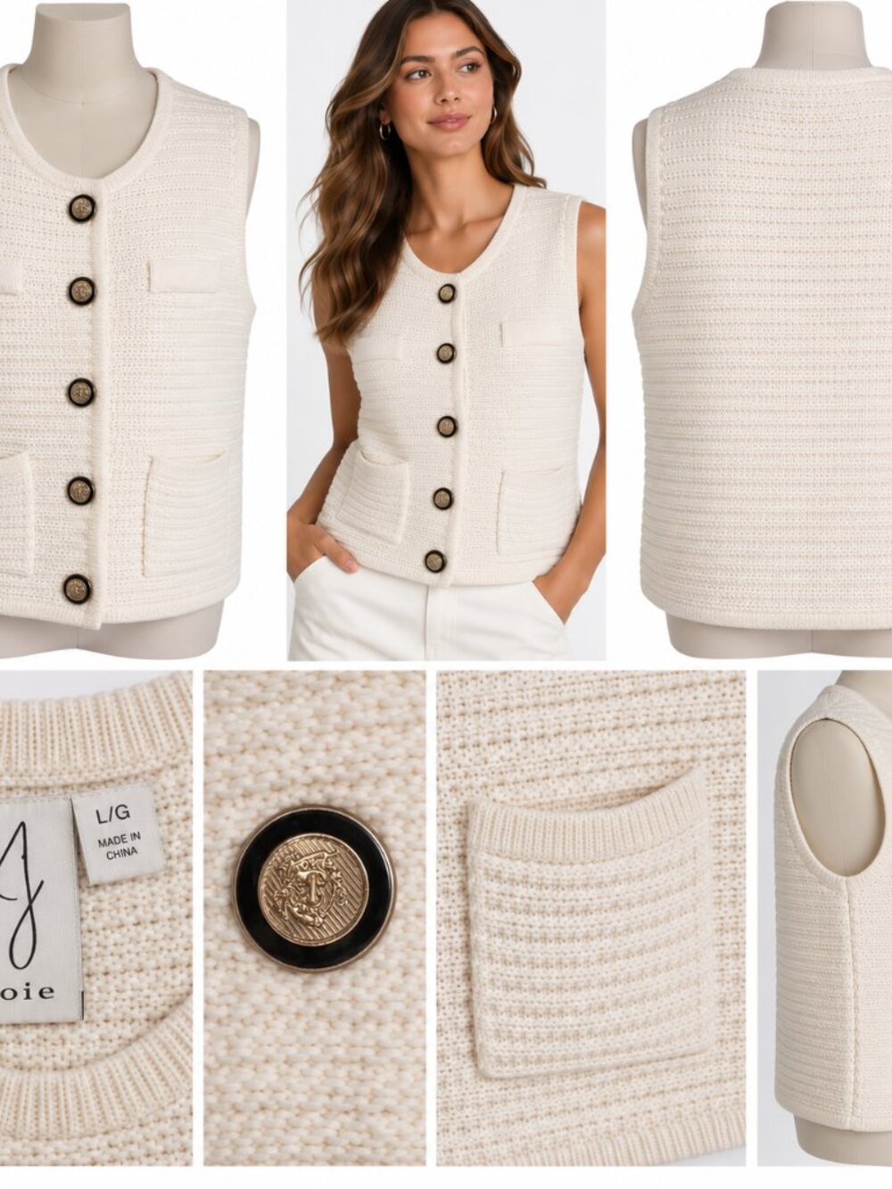 Joie Ivory Knit Sweater Vest L/G Gold Crest Buttons Preppy Quiet Luxury Pockets
